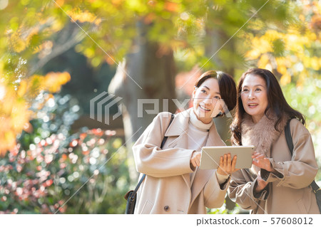 Travel autumn autumn leaves mother daughter parent and child family travel image 57608012
