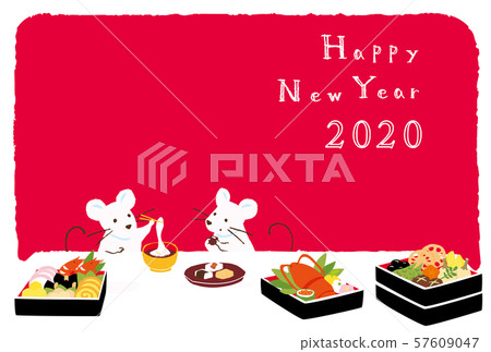 新年的卡片老鼠和新年紅色背景 57609047