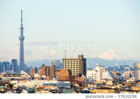 Urban landscape Tokyo Sky Tree and Mount Fuji overlooking the city center from Satomi Park, Ichikawa City, Chiba Prefecture Urban landscape Tokyo Sky Tree and Mount Fuji overlooking the city center from Satomi Park, Ichikawa City, Chiba Prefecture 57610298