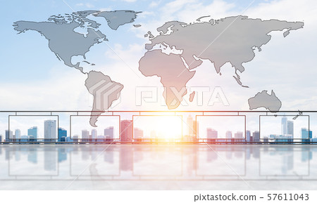 Concept of global communication and networking with world map over cityscape Concept of global communication and networking with world map over cityscape 57611043