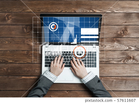 Business workplace with laptop device coffee cup and media graphs and diagrams Business workplace with laptop device coffee cup and media graphs and diagrams 57611607