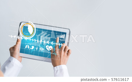 Close of female doctor hands working with tablet pc computer Close of female doctor hands working with tablet pc computer 57611617