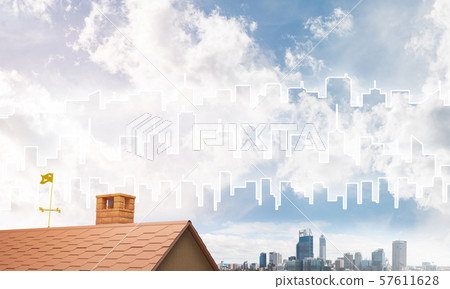 Concept of real estate and construction with drawn silhouette on big city background Concept of real estate and construction with drawn silhouette on big city background 57611628