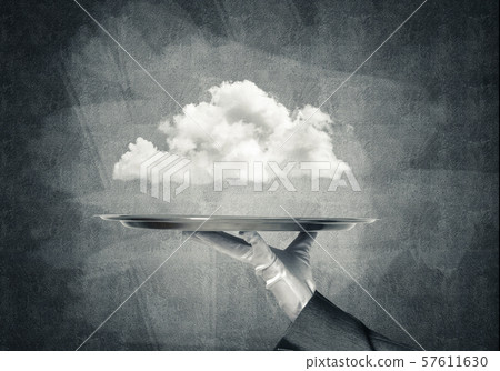 Hand of waitress presenting cloud on tray. Hand of waitress presenting cloud on tray. 57611630