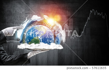 Hand of waitress presenting Earth globe on tray. Hand of waitress presenting Earth globe on tray. 57611635