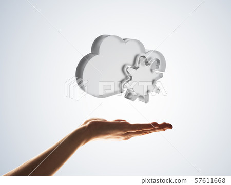 Cloud computing concept with glass symbol shown in hand Cloud computing concept with glass symbol shown in hand 57611668
