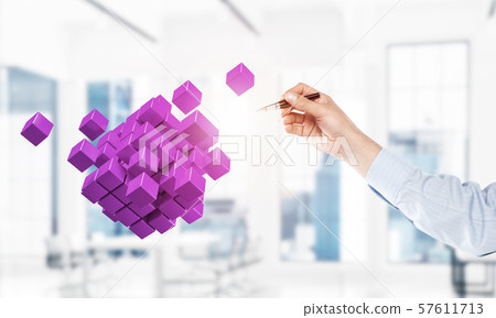 Integrating new technologies concept with cube figure floating in air. Mixed media 57611713