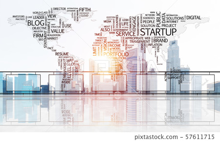 Concept of global communication and networking with world map over cityscape 57611715