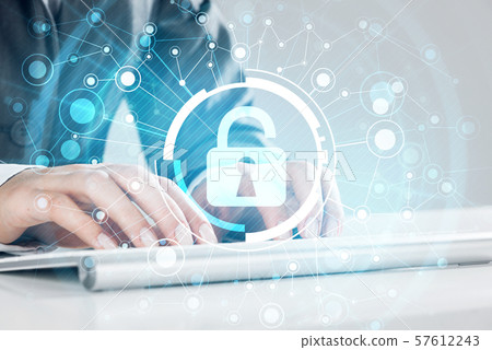 Internet security concept with woman typing password on keyboard Internet security concept with woman typing password on keyboard 57612243