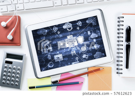 Business still life concept with office stuff on wooden table Business still life concept with office stuff on wooden table 57612623