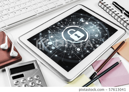 Web security and technology concept with tablet pc on wooden table 57613041