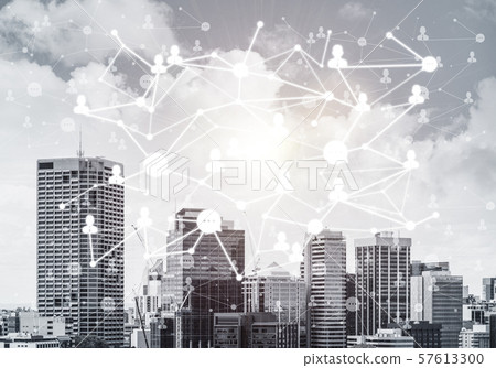 Modern city and social net as concept for global networking 57613300