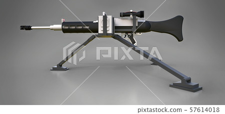 Large machine gun on a tripod with a full cassette ammunition on a grey background. 3d ilustration. 57614018