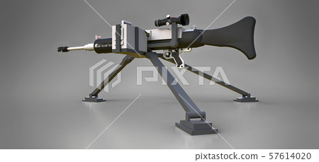 Large machine gun on a tripod with a full cassette ammunition on a grey background. 3d ilustration. 57614020