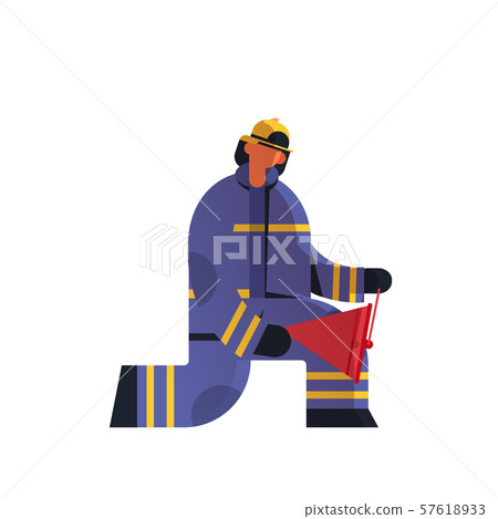 brave fireman using red buckets extinguishing fire firefighter wearing uniform and helmet 57618933