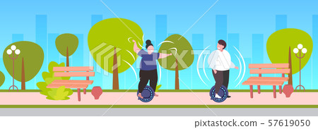 fat obese man woman riding self balancing scooter couple standing on electric gyroscooter personal 57619050