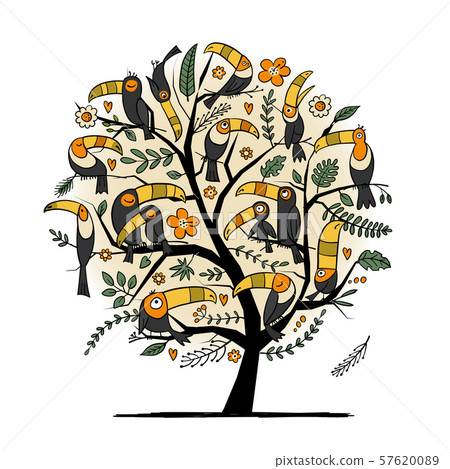 Tree with toucans, paradise tropical birds for your design Tree with toucans, paradise tropical birds for your design 57620089