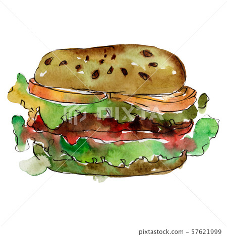 Hamburger fast food isolated. Watercolor background illustration set. Isolated snack illustration 57621999