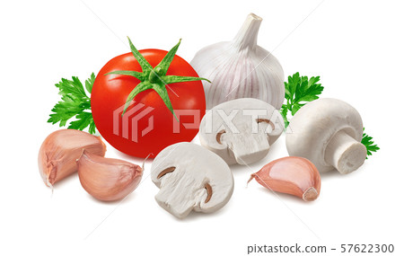 Fresh tomato, garlic, herbs and mushrooms isolated 57622300