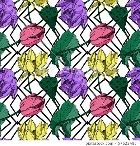 Vector Lotus floral botanical flower. Black and white engraved ink art. Seamless background pattern. 57622483
