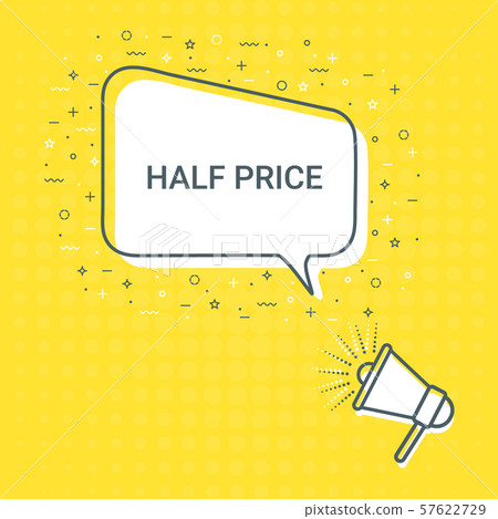 Megaphone With Half Price Speech Bubble. Loudspeaker. Illustrations For Promotion Marketing For Megaphone With Half Price Speech Bubble. Loudspeaker. Illustrations For Promotion Marketing For 57622729