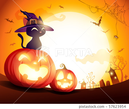Black cat with witch hat on Halloween pumpkin in the moonlight. Jack O Lantern. Black cat with witch hat on Halloween pumpkin in the moonlight. Jack O Lantern. 57623954