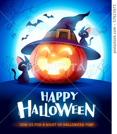 Halloween pumpkin. Jack O Lantern Pumpkin with witch hat in the moonlight.  57623973
