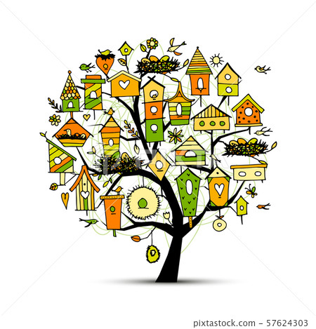 Tree with birdhouses, sketch for your design Tree with birdhouses, sketch for your design 57624303