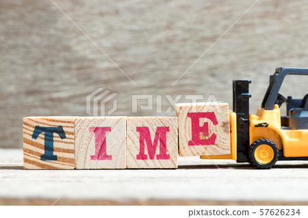 Toy forklift hold letter block E to complete word time 57626234