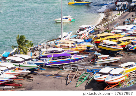 Top view of speed boats parking in harbour in 57627997