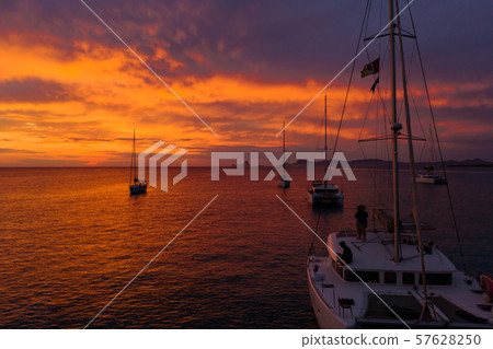 Aerial view from drone on boats shipping in sea, sunset Aerial view from drone on boats shipping in sea, sunset 57628250
