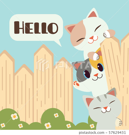 The group of cute cat garps with a wooden fence... - Stock Illustration ...