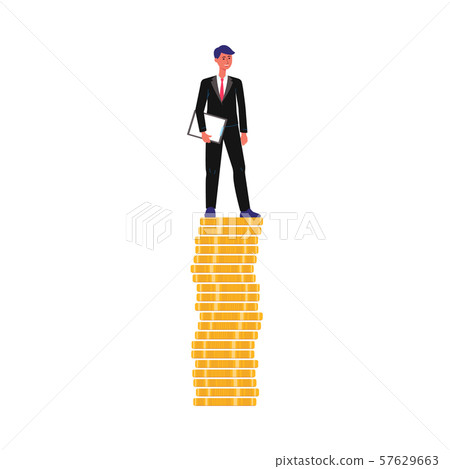 Business man standing on pile of money - male cartoon character in suit 57629663