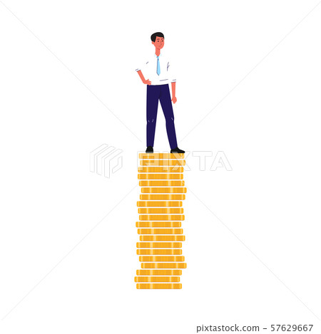 Financial growth with businessman on a pile of coins, flat vector illustration. Financial growth with businessman on a pile of coins, flat vector illustration. 57629667