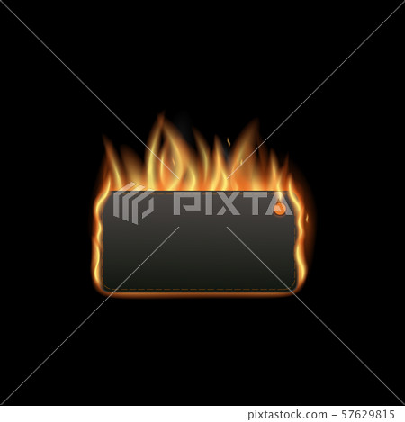 Black clothing tag burning with realistic fire isolated on dark background 57629815