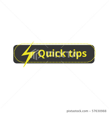 Quick tips icon - flat rectangle sticker with lightning sign and yellow text 57630988