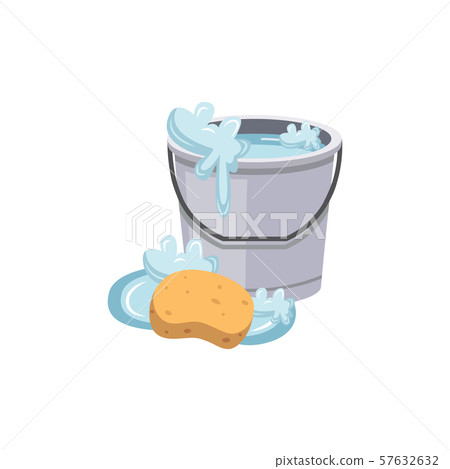 Bucket with foam and a splash of water, a puddle and a sponge. Bucket with foam and a splash of water, a puddle and a sponge. 57632632