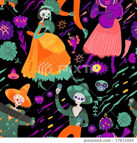 Mexican skeleton dancing and playing music set seamless pattern Mexican skeleton dancing and playing music set seamless pattern 57633884