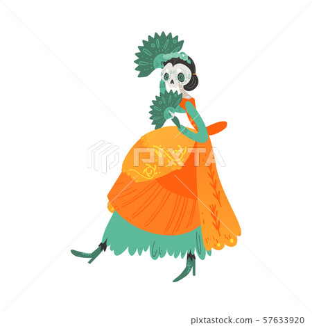 Mexican woman dancer skeleton dancing in orange dress Mexican woman dancer skeleton dancing in orange dress 57633920