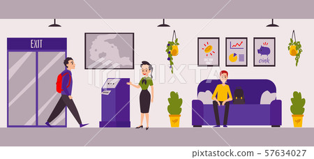 Bank office interior banner - female banking worker greeting an entering customer Bank office interior banner - female banking worker greeting an entering customer 57634027