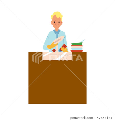 Man washing dishes in the kitchen, cartoon character doing domestic chores 57634174