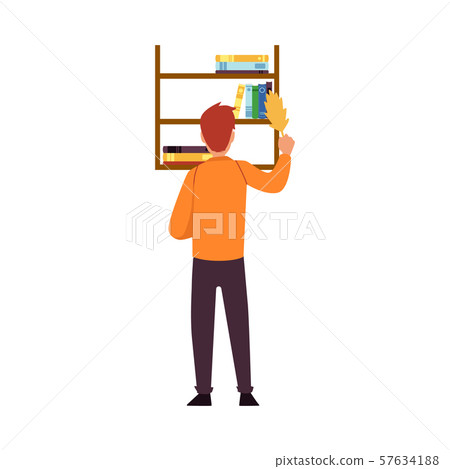 Man cleaning up dust from book shelves, cleaner dusting bookshelf on the wall Man cleaning up dust from book shelves, cleaner dusting bookshelf on the wall 57634188
