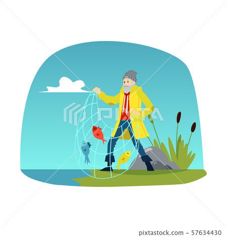 Fisherman with fishnet vector illustration on a background of river landscape. 57634430
