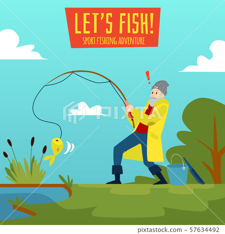 Fisherman on the background of lake or river landscape flat vector illustration. 57634492