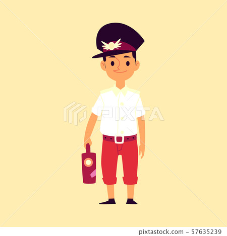 Boy railroad engineer or railway train driver flat vector illustration isolated. 57635239