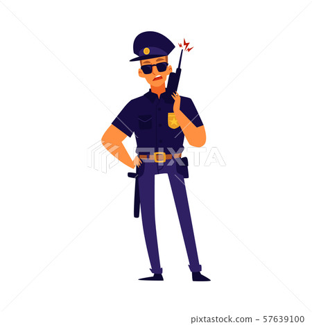 A policeman in a dark uniform with a weapon flat vector illustration isolated. A policeman in a dark uniform with a weapon flat vector illustration isolated. 57639100