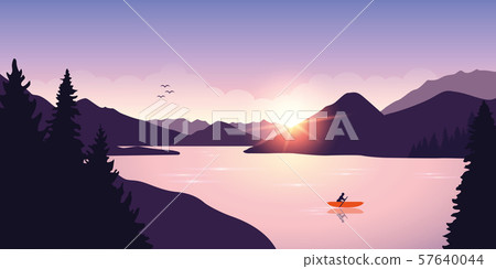 lonely canoeing adventure with orange boat at sunrise on the lake lonely canoeing adventure with orange boat at sunrise on the lake 57640044