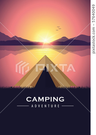 camping adventure tent by the lake with purple mountain landscape 57640049