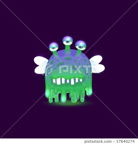 Gross cartoon alien monster with dripping slime skin with three bored eyes and glowing green and 57640274