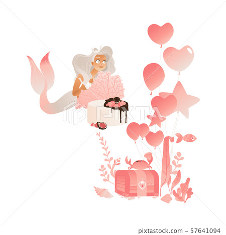 Beautiful mermaid with pink balloons vector Illustration for t shirts and fabrics. 57641094